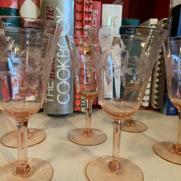 Vintage set of 6, Etched Flower, Pink Paneled Stemware