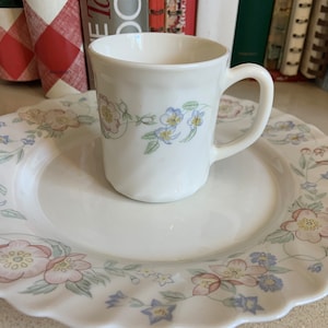 May include: A white ceramic mug with a floral design sits on a matching plate. The mug and plate feature a pattern of pink, blue, and green flowers. The plate has a scalloped edge.