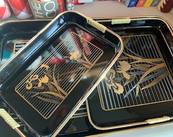 Vintage Black Lacquer Japanese Nesting Trays