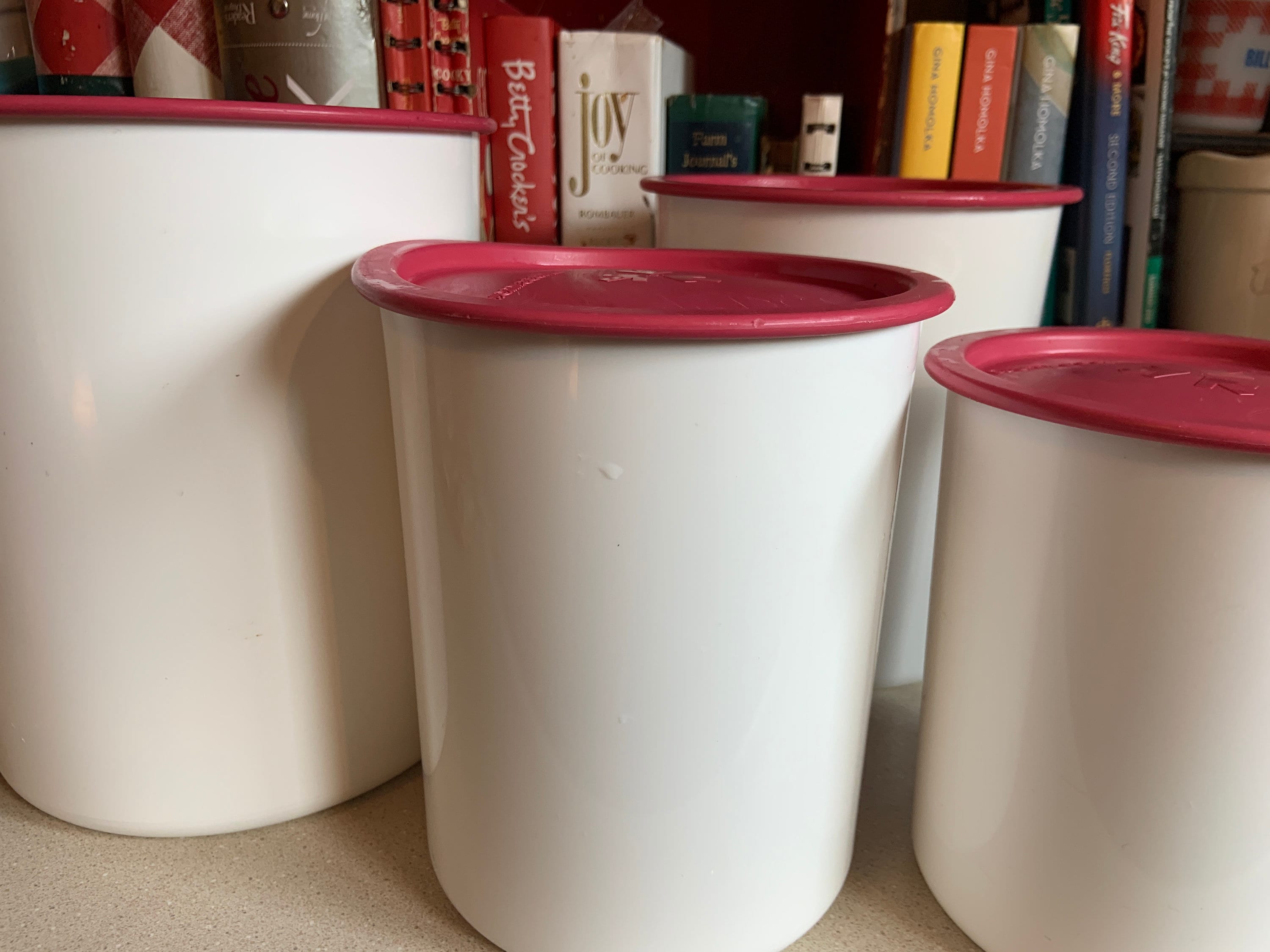 Tupperware One Touch Canister Set, Raspberry Lids Set of 4 