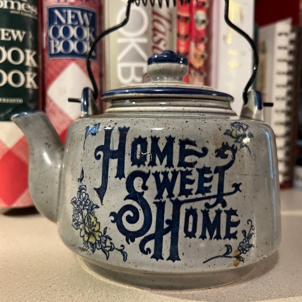 Vintage Tea Kettle con mango de alambre, Home Sweet Home, hecho en Japón