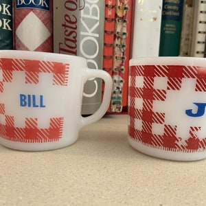 Vintage Westfield Red Gingham Milk Glass Mugs- sold separately