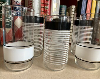Vintage Libbey Drinking Glasses, black and white stripes- mismatched set