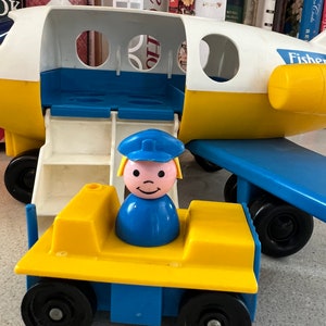 Vintage Fisher Price Jetport Plane, 1 Little People, and Luggage Transporter