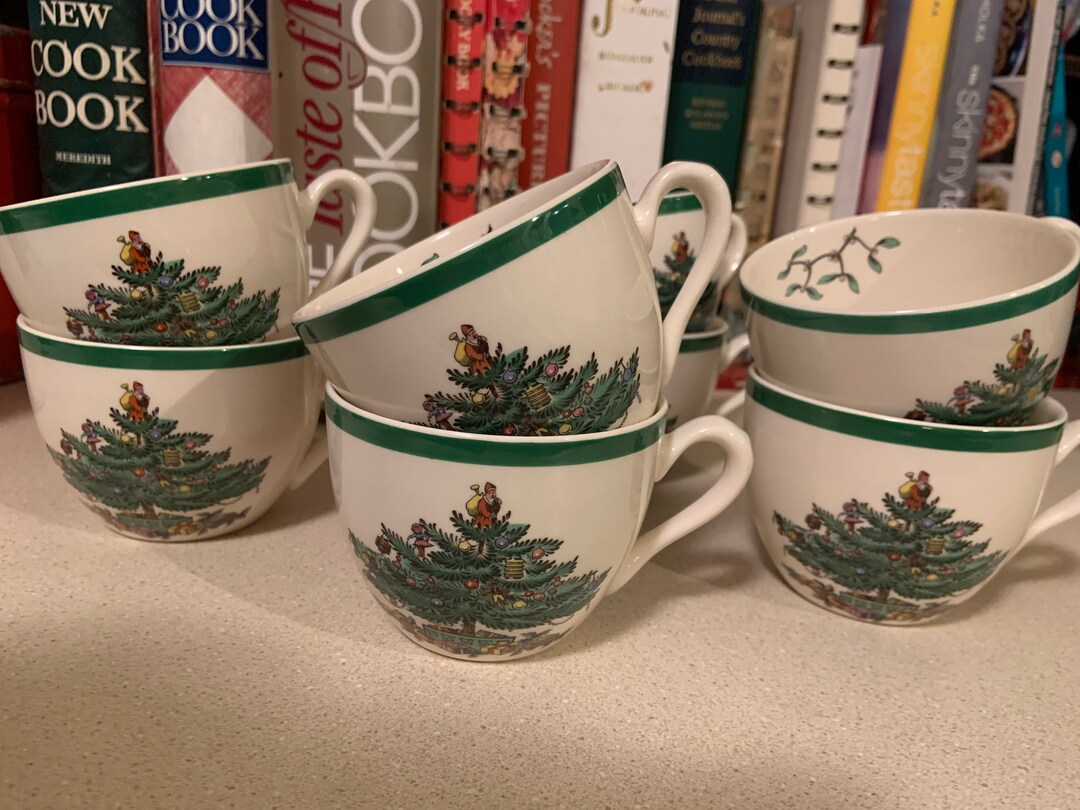 Vintage Holiday Spode Christmas Tree Tea or Coffee Cups Set of 8 With