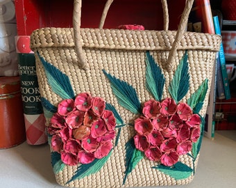 Vintage Woven Rattan Tote with Flowers