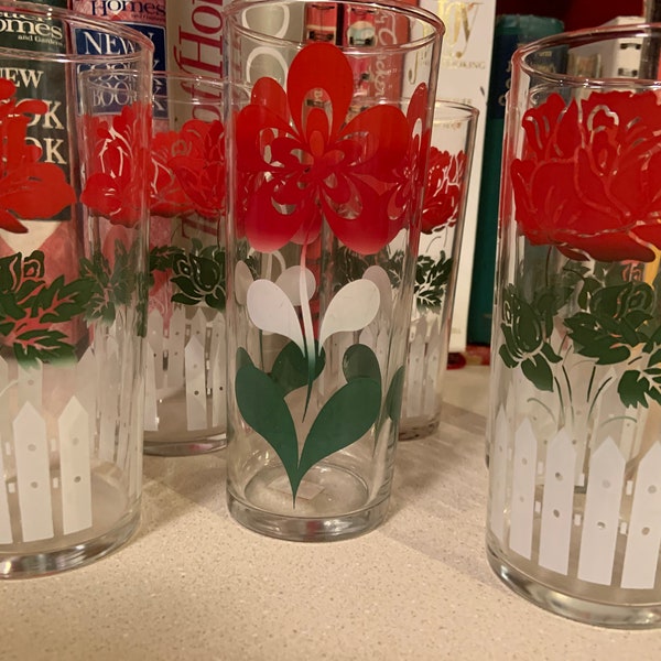 Vintage Hazel Atlas Red Rose Picket Fence Glasses, set of 5 plus 1 mismatched glass