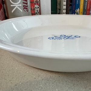 May include: A white ceramic pie plate with a blue floral design. The plate is empty and has a glossy finish.