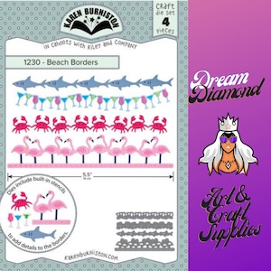 Beach Borders,dies, Karen Burniston,ocean, Paper Crafts,card making, scrapbooks,journals,summer, flamingo,crab,party decor,tags, invatations