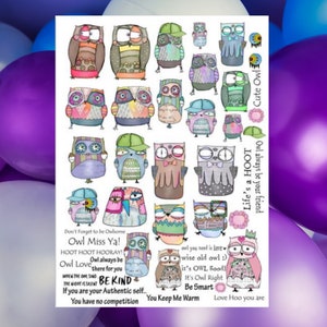 May include: A digital sheet of colorful owl illustrations with various sayings and phrases, including "Owl Miss Ya!" and "Life's a HOOT".