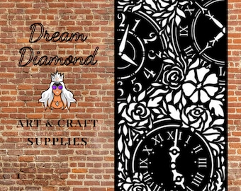 May include: Black and white stencil design featuring a floral pattern with clocks and Roman numerals. The design is perfect for crafting projects like home decor, wall art, and more.