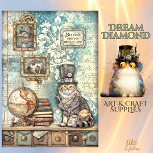 Chat Alterego, Stamperia, feuille de papier de riz A4, steampunk, arrière-plan, travaux manuels en papier, techniques mixtes, fabrication de cartes, journaux, journal d'art, étiquettes, décoration d'intérieur