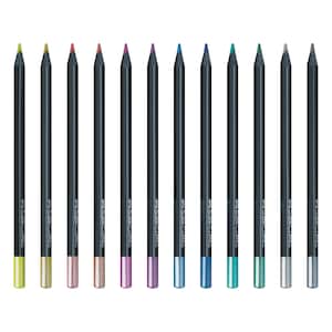 May include: A set of twelve Faber-Castell pencils with black barrels and metallic-colored tips. Each pencil features the brand name printed in white text on the side. The tips display a variety of colors including yellow, gold, pink, copper, magenta, purple, light blue, dark blue, teal, green, silver, and grey.