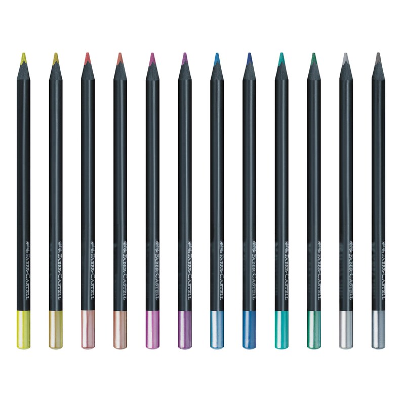 May include: A set of twelve Faber-Castell pencils with black barrels and metallic-colored tips. Each pencil features the brand name printed in white text on the side. The tips display a variety of colors including yellow, gold, pink, copper, magenta, purple, light blue, dark blue, teal, green, silver, and grey.