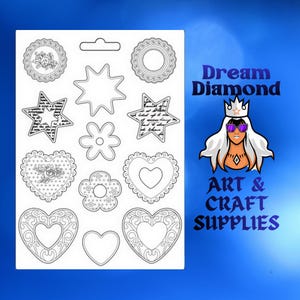 May include: A sheet of decorative stickers featuring stars, hearts, flowers, and circles. Some stickers have floral or text details. The image also features the text "Dream Diamond ART & CRAFT SUPPLIES" and a cartoon graphic.