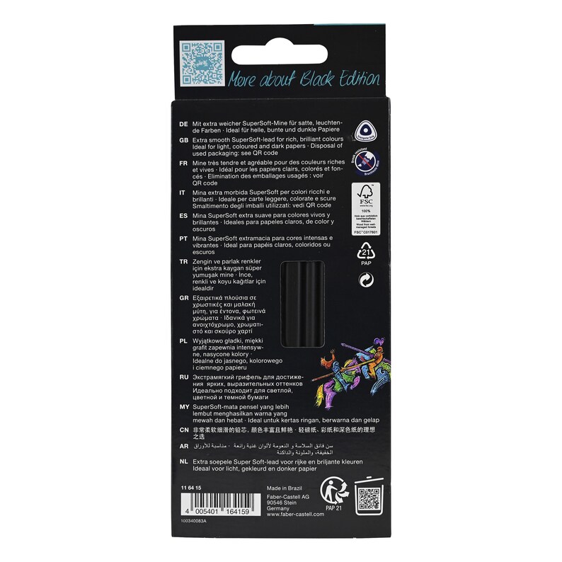 May include: A black rectangular product packaging box featuring the text More about Black Edition at the top. The back of the box includes multilingual product descriptions, a QR code, an FSC certification logo, and a colorful graphic illustration.