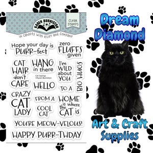 May include: A black cat with green eyes is featured next to the words "Dream Diamond" and "Art & Craft Supplies." The image also includes a set of clear stamps with cat-themed sayings such as "Purr-fect," "Crazy Cat Lady," and "Meow-velous!"