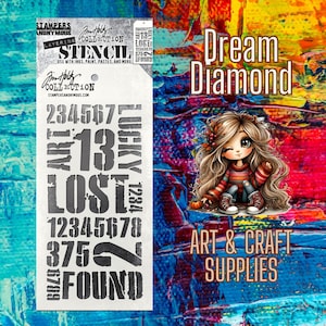 Puede incluir: Un esténcil con las palabras "STENCIL" y "LOST" impresas, junto con números. La imagen también presenta una ilustración de dibujos animados de una niña y las palabras "Dream Diamond" y "ART & CRAFT SUPPLIES".
