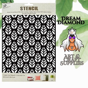 May include: Black and white stencil with a repeating pattern of leaves. The stencil is 7.3 inches by 9.7 inches and is perfect for painting on walls, furniture, and other surfaces.
