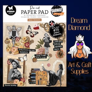 May include: A die-cut paper pad with vintage-style illustrations and text. The pad includes over 470 paper elements, with phrases like "Let's create our own Fairytales" and "Once Upon a Time." The design features butterflies, roses, and a woman reading.