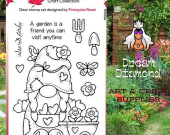 May include: Black and white clear stamp set featuring a gnome with a wheelbarrow full of flowers, a butterfly, a fork, a trowel, and the text "A garden is a friend you can visit anytime".