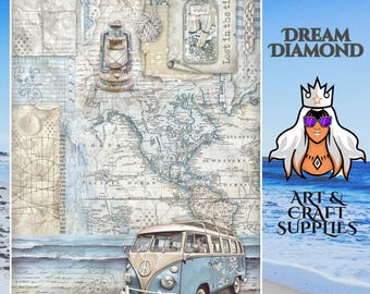 May include: A collage featuring a vintage map, a blue and white VW bus with a peace sign, and a glass jar with the word "wishes". The words "Lost in the tide" and "Journal" are also visible. The image has a beach theme.