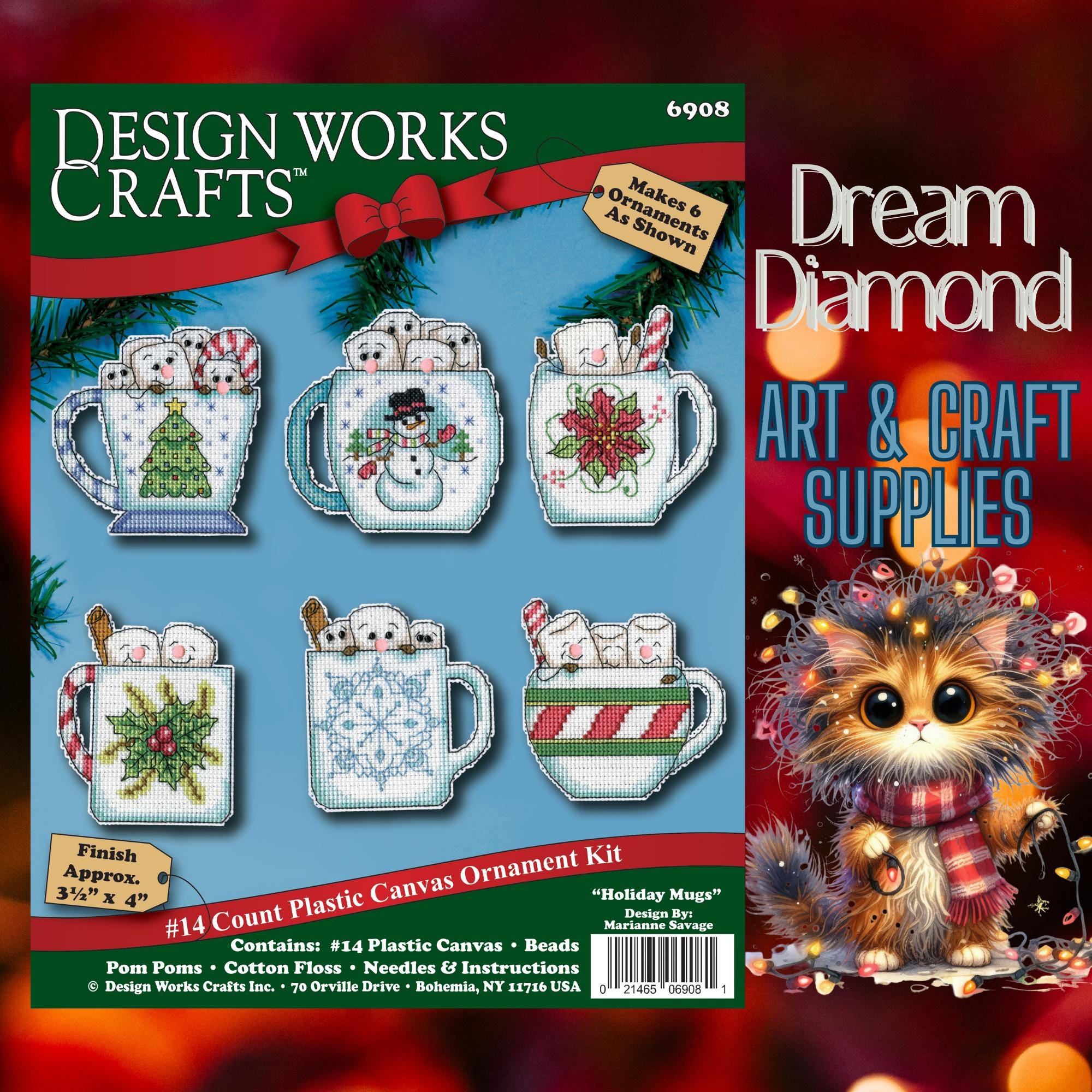 Holiday Mugs Ornament, Counted Cross Stitch Kit Set of 6, Design