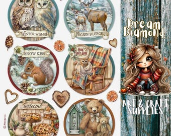 Owl's House 6 Rounds, Stamperia,Rice Paper Sheet A4,Christmas, woodland, winter, deer,home decor, mixed media,card making, journal,gift tags