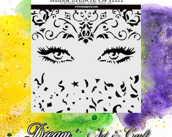 May include: A black and white stencil for crafting, featuring a decorative design with eyes, swirls, and confetti. The stencil is 12x12 inches and is made by Stamperia.