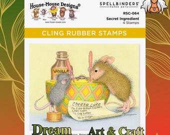 May include: Cling rubber stamp set featuring a whimsical illustration of mice preparing a cheesecake. The set includes the text "Secret Ingredient" and "4 Stamps". The packaging also includes the text "Dream Art & Craft Diamond Supplies".