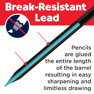 May include: A black pencil with a bright blue core, featuring text that reads Break-Resistant Lead and Pencils are glued the entire length of the barrel resulting in easy sharpening and limitless drawing, with a circular icon showing a broken pencil.
