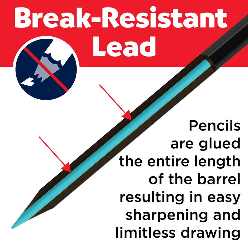 May include: A black pencil with a bright blue core, featuring text that reads Break-Resistant Lead and Pencils are glued the entire length of the barrel resulting in easy sharpening and limitless drawing, with a circular icon showing a broken pencil.