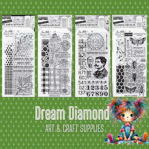 May include: Four clear stamps and stencil sets with various designs, including leaves, flowers, a clock, and insects. The sets are labeled with text such as "Thankful for You" and "Proprietor of Ideas". The image also includes the text "Dream Diamond Art & Craft Supplies".