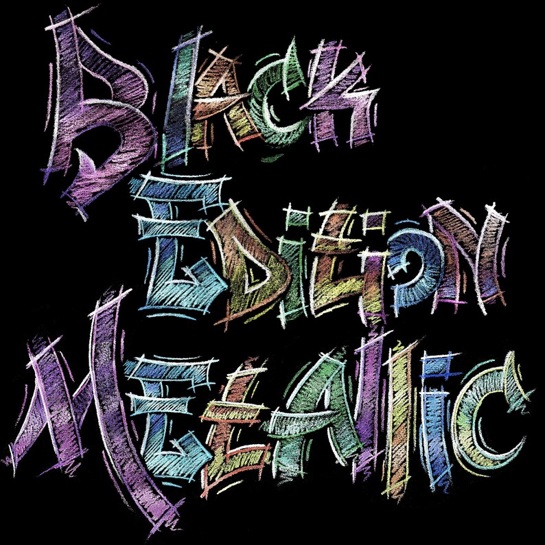 May include: A graphic design featuring the text "BLACK EDITION METALLIC" rendered in a stylized, hand-drawn graffiti font. The letters are composed of multi-colored, hatched strokes in shades of purple, blue, green, and orange against a black background.