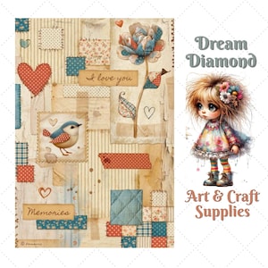May include: A collage-style art print featuring a blue bird, a large fabric flower, and heart shapes. The words "I love you" and "Memories" are included. The Dream Diamond Art & Craft Supplies logo is also visible.