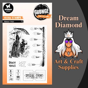 May include: Clear stamps set with a vintage theme. The set includes images of a woman and child under an umbrella, light bulbs, and ticket stubs. The text on the stamps includes "Winter Fair", "Enjoy Things", and "Special Event".