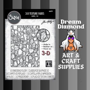May include: A Sizzix 3-D Texture Fades embossing folder featuring a stone texture. The packaging displays the text "3-D Texture Fades" and "Dream Diamond Art & Craft Supplies". Suitable for large A5 projects.