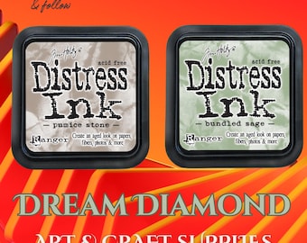 May include: Two square ink pads labeled "Distress Ink" by Ranger. One is "pumice stone" and the other is "bundled sage." The pads are black with white text. The background is red and orange with the text "DREAM DIAMOND ART & CRAFT SUPPLIES."