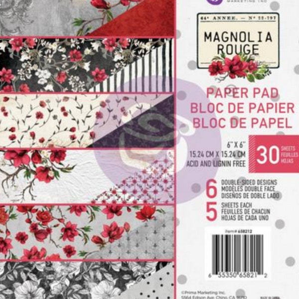 Magnolia Rouge,Prima Marketing, Double-Sided, Paper Pad, 6"X6" 30/Pkg,card making,papercraft,rose,flowers,red,scrapbook,mixed media,art supp