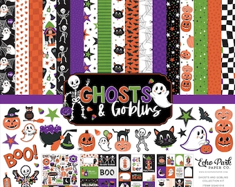 May include: A Halloween-themed papercrafting kit with patterned papers and stickers. The kit features ghosts, pumpkins, bats, and the text "Ghosts & Goblins". The color palette includes orange, black, purple, and green.
