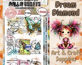 May include: A set of three clear stamps by Aall & Create, labeled TP-1446, featuring butterfly illustrations, vintage postal markings, a five-pound stamp graphic, and calendar text. The A7 size sheet measures 3 by 4 inches and includes text.