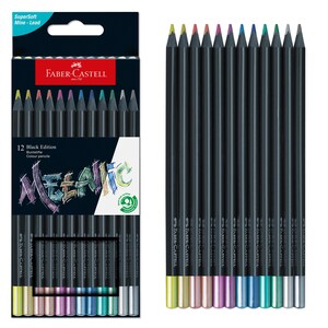 May include: A set of 12 Faber-Castell Black Edition metallic colored pencils in a rectangular cardboard box. The pencils have black barrels with colored tips and metallic cores. The packaging features the text SuperSoft Mine Lead and Metallic.