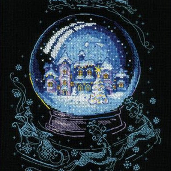 Winter Fairy Tale, Counted Cross Stitch Kit 8.25"x11.75", RIOLIS, Christmas, snow globe, village, embroidery, sew, Santa, Black aida, floss