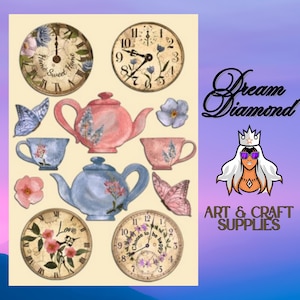 May include: A set of vintage-style teacups, teapots, and clocks with floral designs. The teacups and teapots are in shades of blue and pink, while the clocks have Roman numeral faces and feature phrases like "Home Sweet Home" and "Choose to be Happy".