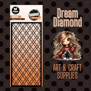 Może przedstawiać: Wyświetlana jest czarna maska ​​z geometrycznym wzorem i tekstem "MASKS wallpaper pattern". Obraz zawiera również kreskówkową ilustrację dziewczyny oraz słowa "Dream Diamond" i "ART & CRAFT SUPPLIES".