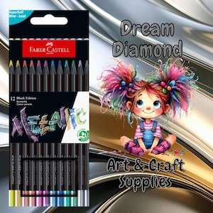 May include: A set of 12 Faber-Castell Black Edition metallic colored pencils in a rectangular box. The packaging features the text SuperSoft Mine-Lead, 12 Black Edition Buntstifte Colour pencils, and METALLIC. The pencils have black barrels.