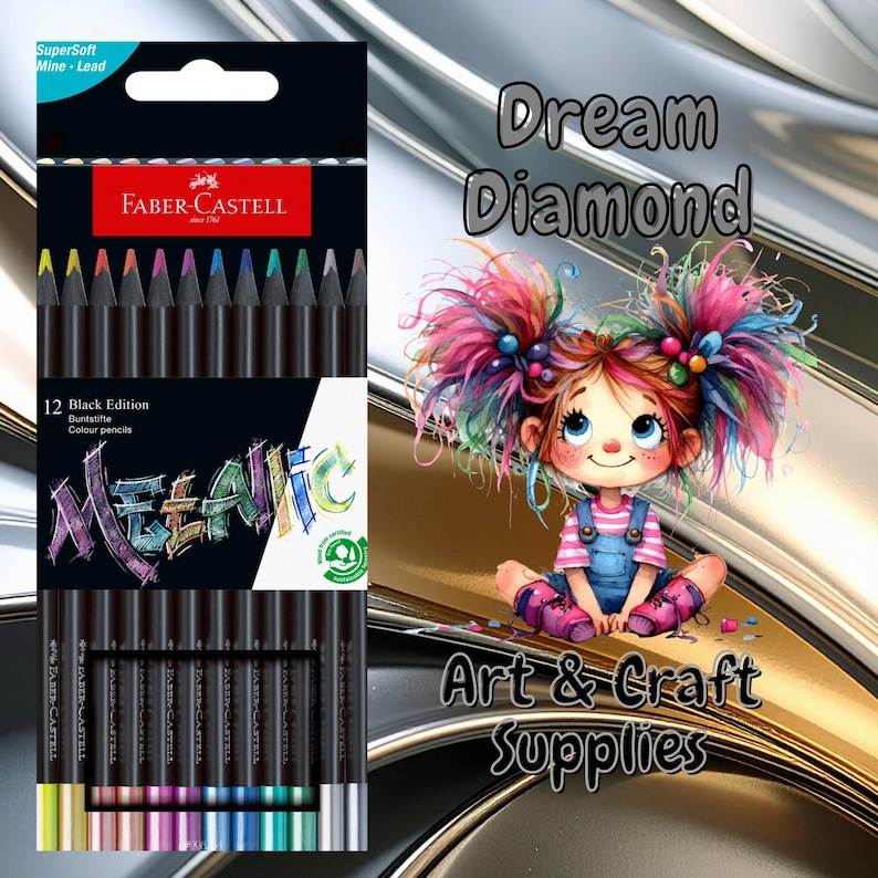 May include: A set of 12 Faber-Castell Black Edition metallic colored pencils in a rectangular box. The packaging features the text SuperSoft Mine-Lead, 12 Black Edition Buntstifte Colour pencils, and METALLIC. The pencils have black barrels.