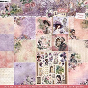 Victorian Dreams, Papierblock 12x12, Studio Light, doppelseitig, Designer, lila, Mischtechnik, Grußkarten, Scrapbook, Junk Journals, Rose