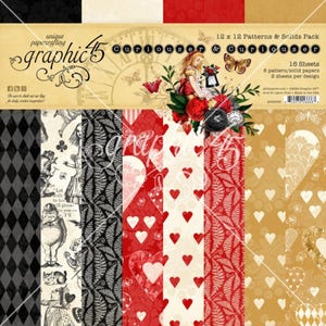 Doppelseitiger Papierblock 12x30, Muster, Alice im Wunderland, Graphic 45, Karten machen, Valentinstag, Herzen, Tags, Scrapbook, Mixed Media