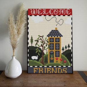 Cross stitch, sampler, arts and crafts,DIY,embroidery, needlepoint, craft supplies,welcome, country decor,creative,Tapestry,welcome, friends